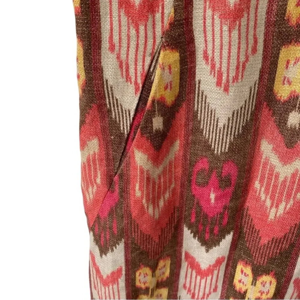 Tory Burch Ikat Linen Sleeveless Pink Brown Dress Silver Metallic Thread size 6